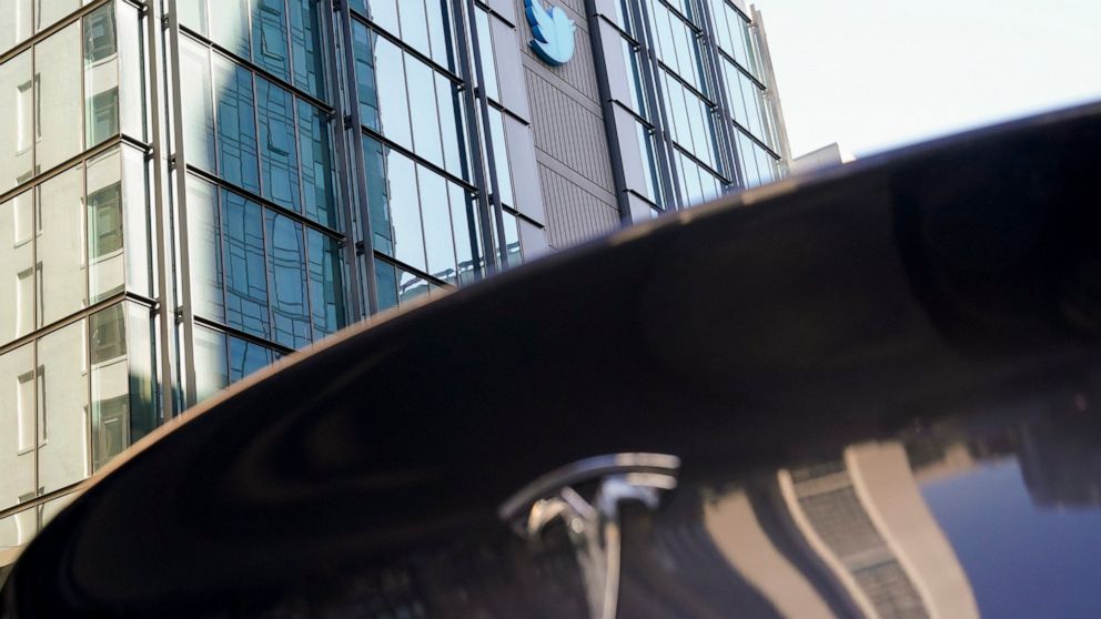 A sign is pictured outside the Twitter headquarters in San Francisco, Wednesday, Oct. 26, 2022. A court has given Elon Musk until Friday to close his April agreement to acquire the company after he earlier tried to back out of the deal. (AP Photo/God