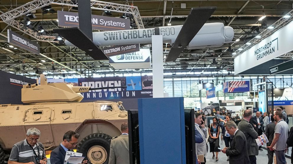 FILE - A Switchblade 600 loitering missile drone manufactured by AeroVironment is displayed at the Eurosatory arms show in Villepinte, north of Paris, on June 14, 2022. Drone advances in Ukraine have accelerated a long-anticipated technology trend th