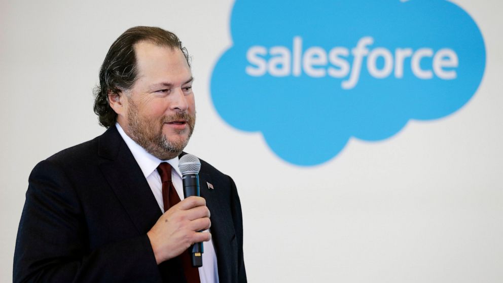 FILE - In this May 16, 2019, file photo, Salesforce chairman Marc Benioff speaks during a news conference, in Indianapolis. In a deal announced Tuesday, Dec. 1, 2020, business software pioneer Salesforce.com is buying work-chatting service Slack for 