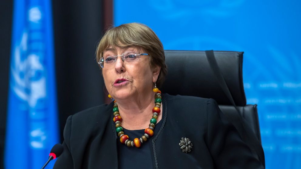 FILE - In this Wednesday, Dec. 9, 2020 file photo Michelle Bachelet, UN High Commissioner for Human Rights, speaks during a press conference at the European headquarters of the United Nations in Geneva, Switzerland. The U.N. human rights chief is cal