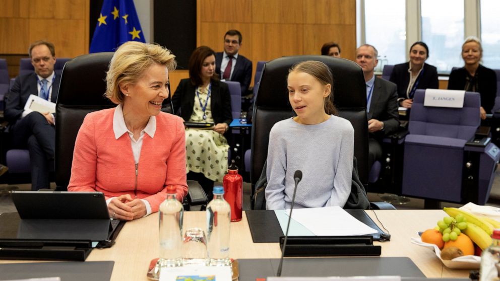 Swedish climate activist Greta Thunberg, right, and European Commission President Ursula von der Leyen attend the weekly College of Commissioners meeting at EU headquarters in Brussels, Wednesday, March 4, 2020. European Commission President Ursula v
