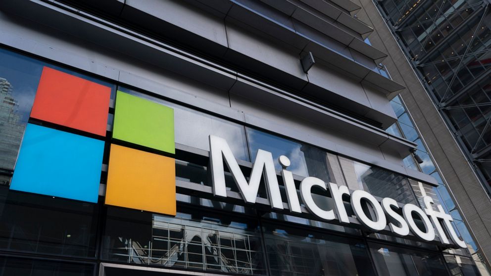 A sign for Microsoft offices, Thursday, May 6, 2021 in New York. Microsoft stunned the gaming industry when it announced, Tuesday, Jan. 18, 2022, it would buy game publisher Activision Blizzard for $68.7 billion, a deal that would immediately make it