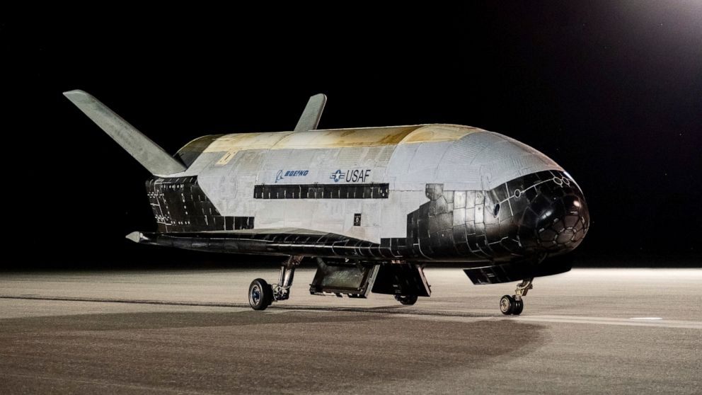 The Boeing-built X-37B Orbital Test Vehicle (OTV) is shown at NASA’s Kennedy Space Center in Florida on Saturday, Nov. 12, 2022. The unmanned U.S. military space plane landed early Saturday after spending a record 908 days in orbit for its sixth miss