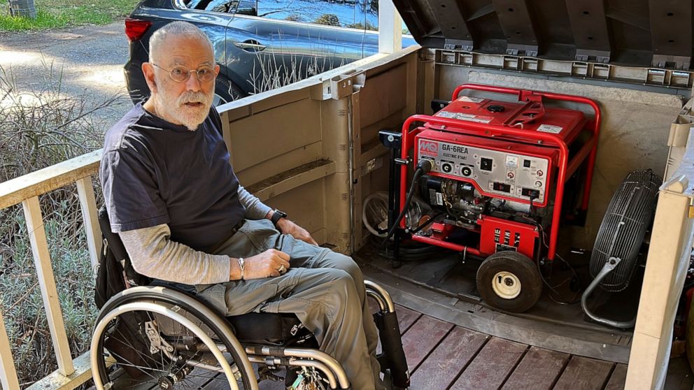 Richard Skaff, a paraplegic who is an advocate for the disabled, talks about his backup generator at home in Guerneville, Calif., on March 9, 2022. He was fortunate to have a generator to keep his electric wheelchair powered and his house heated, but
