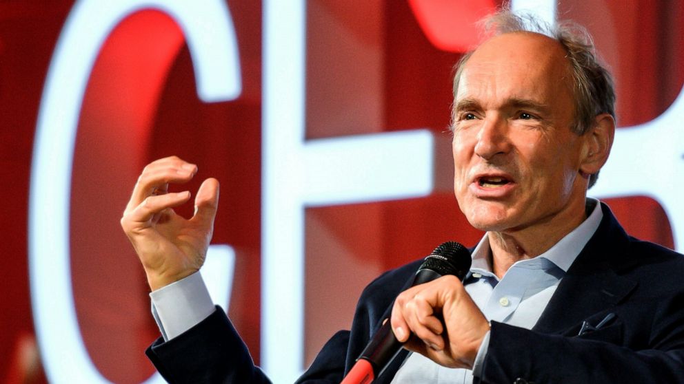 FILE - In this March 12, 2019, file photo, English computer scientist Tim Berners-Lee, best known as the inventor of the World Wide Web, delivers a speech during an event at the CERN in Meyrin near Geneva, Switzerland, marking 30 years of World Wide 