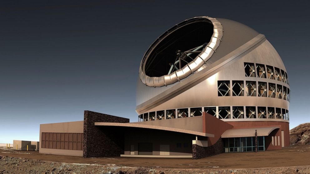 FILE - This undated file illustration provided by Thirty Meter Telescope (TMT) shows the proposed giant telescope on Mauna Kea on Hawaii's Big Island. Construction on giant telescope to start again in the third week of July 2019, after court battles 
