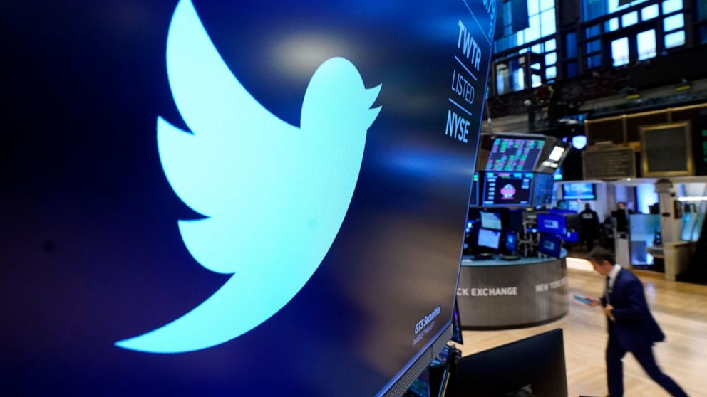 The logo for Twitter appears above a trading post on the floor of the New York Stock Exchange, Monday, Nov. 29, 2021. Twitter co-founder Jack Dorsey will step down as CEO of the social media platform, the company announced. He will be succeeded by Tw