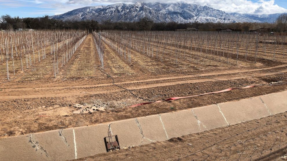 FILE - This Feb. 17, 2021 file photo shows an empty irrigation canal at a tree farm in Corrales, N.M., with the Sandia Mountains in the background, as much of the West is mired in drought, with New Mexico, Arizona, Nevada and Utah being among the har