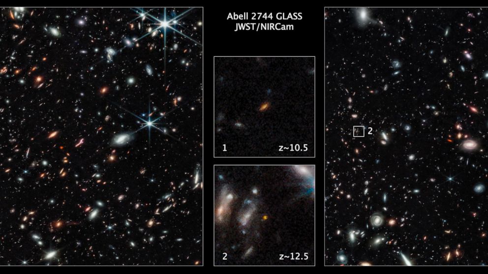 This image made available by the Space Telescope Science Institute on Thursday, Nov. 17, 2022, shows two of the farthest galaxies seen to date captured by the James Webb Space Telescope in the outer regions of the giant galaxy cluster Abell 2744. The