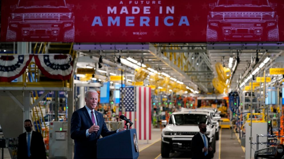 President Joe Biden speaks during a visit to the General Motors Factory ZERO electric vehicle assembly plant, Wednesday, Nov. 17, 2021, in Detroit. (AP Photo/Evan Vucci)