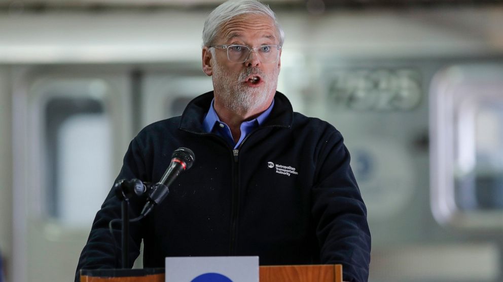 FILE - In this Tuesday, May 19, 2020, file photo, Metropolitan Transportation Authority chairman and CEO Patrick Foye speaks during a news conference on new measures involving UV-C light technology to disinfect trains and buses during the coronavirus