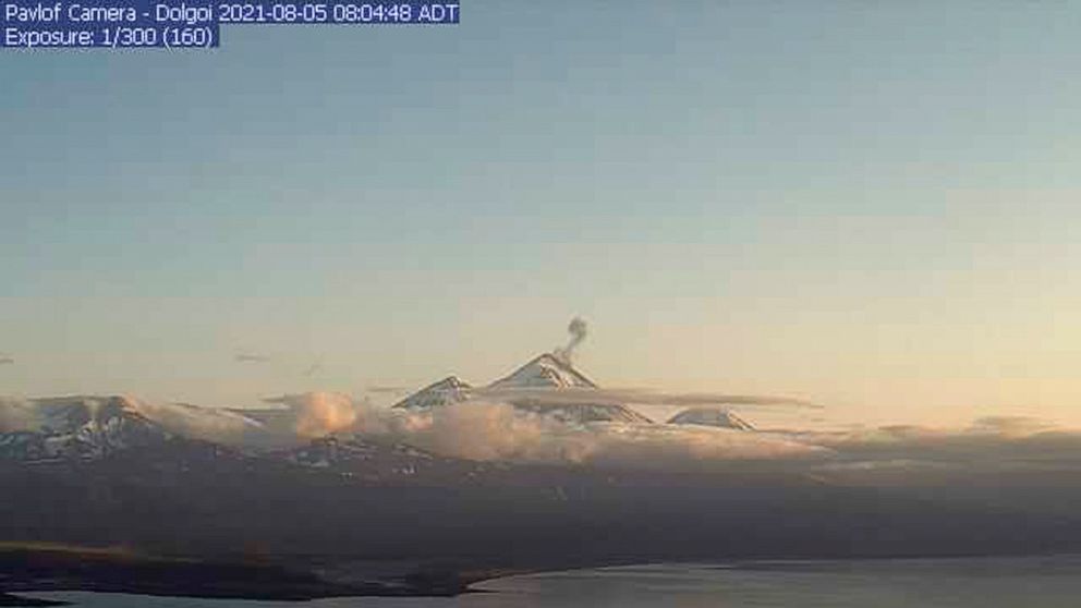 In this webcam image provided by the Alaska Volcano Observatory, is the Pavlof Volcano in a state of eruption with episodic low-level ash emissions on Thursday, Aug. 5, 2021. Three remote Alaska volcanos are each in a state of eruption, one producing