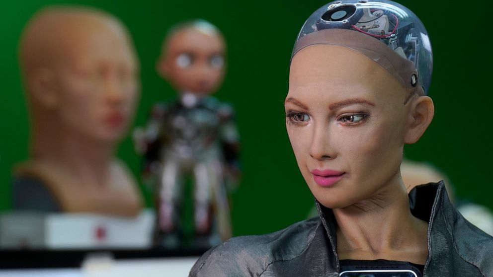 The close-up of the head of Sophia is seen at Hanson Robotics studio in Hong Kong on March 29, 2021. Sophia is a robot of many talents, she speaks, jokes, sings and even makes art. In March, she caused a stir in the art world when a digital work she 