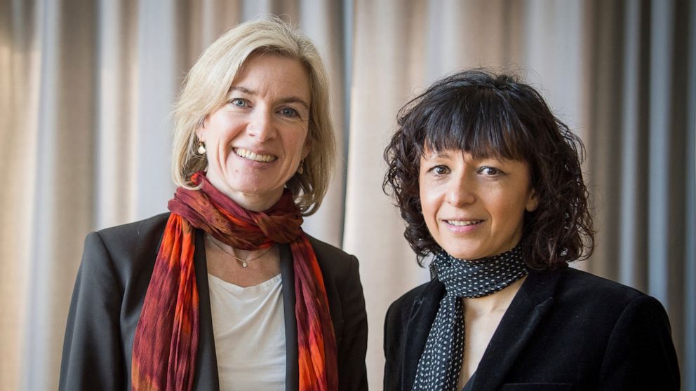 FILE -- In this March 14, 2016 file photo American biochemist Jennifer A. Doudna, left, and the French microbiologist Emmanuelle Charpentier, right, poses for a photo in Frankfurt, Germany. French scientist Emmanuelle Charpentier and American Jennife
