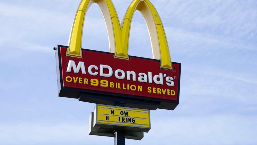 A sign is displayed outside a McDonald's restaurant, Tuesday, April 27, 2021, in Des Moines, Iowa. McDonald’s is the latest company to be hit by a data breach, saying there was unauthorized activity on its network that exposed the personal data of so