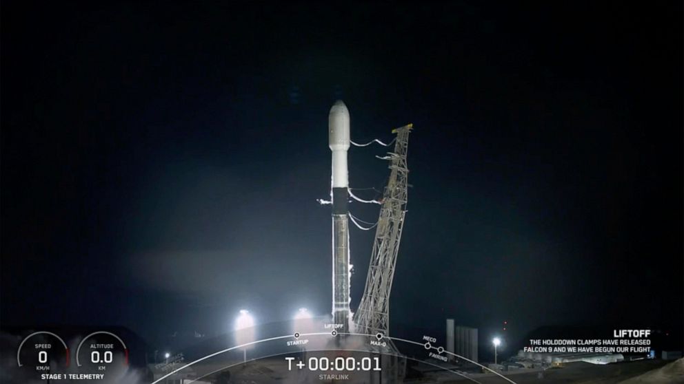 A SpaceX rocket launches from Vandenberg Space Force Base early Saturday, Dec. 18, 2021 at Vandenberg Space Force Base in California. The Falcon’s first stage successfully returned and landed on a SpaceX droneship in the ocean. It was the 11th launch