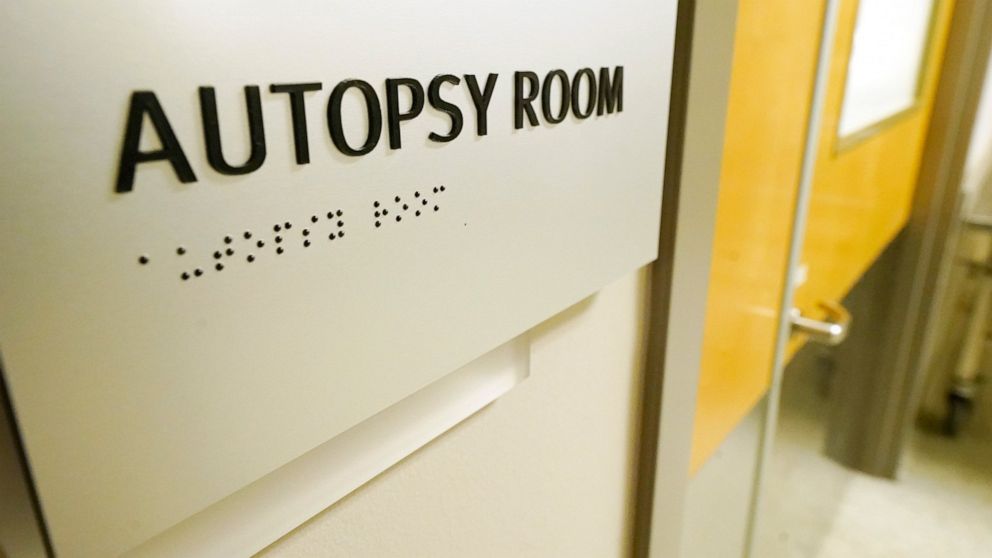 The four-bay autopsy room is pictured across from the morgue cooler at the Mississippi Crime Laboratory in Pearl, Miss., Aug. 26, 2021. (AP Photo/Rogelio V. Solis)