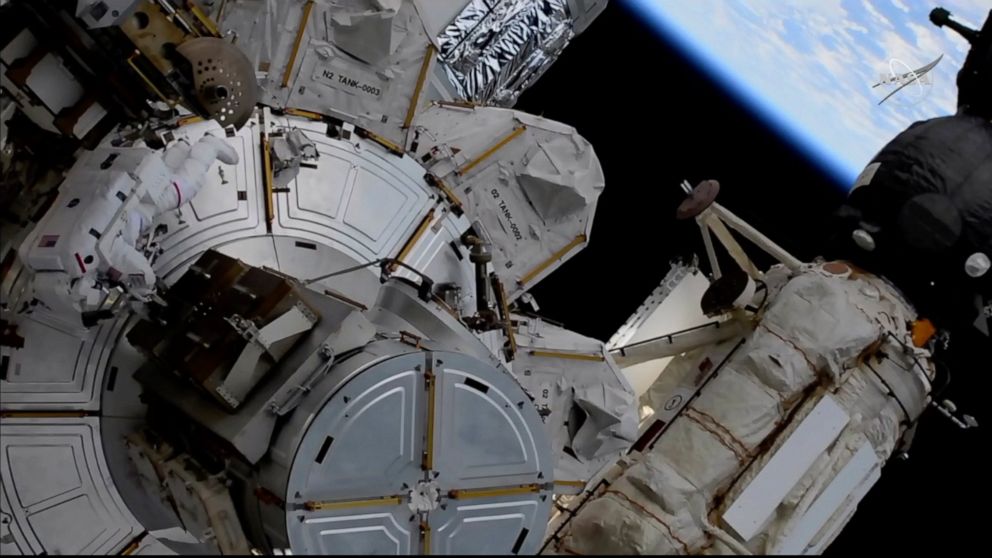 This photo provided by NASA shows US astronaut Kate Rubins outside the International Space Station during a space walk on Friday, March 5, 2021. Rubins and Japan's Soichi Noguchi floated outside to complete unfinished work from Sunday's spacewalk. Mo