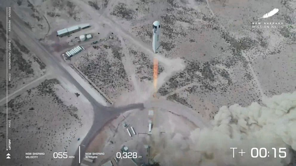 In this image from video made available by Blue Origin, the New Shepard rocket lifts off during a test in West Texas on Wednesday, April 14, 2021. (Blue Origin via AP)