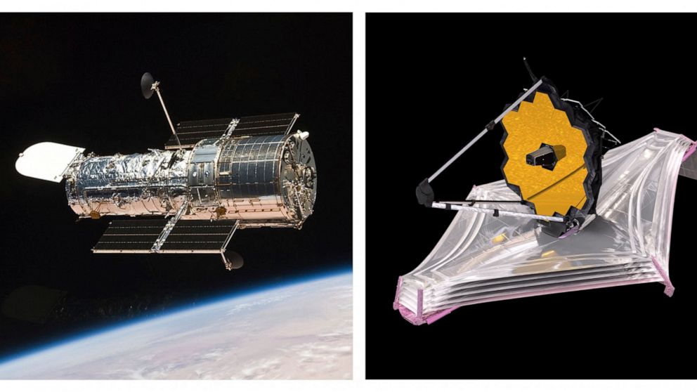 This combination of images made available by NASA shows the Hubble Space Telescope orbiting the Earth and an illustration of the James Webb Space Telescope. With NASA and the European Space Agency's Hubble pushing 32 years in orbit, the bigger, 100 t
