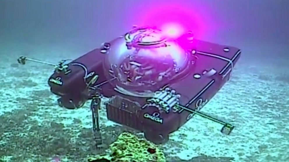 An image taken from video issued by Nekton shows a submersible from the vessel the Ocean Zephyr during a descent into the Indian Ocean off Alphonse Atoll near the Seychelles, Tuesday March 12, 2019. Members of the British-led Nekton research team boa