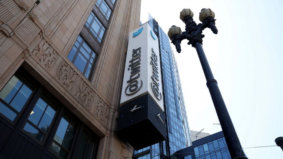 FILE - A sign is pictured outside the Twitter headquarters in San Francisco, Monday, April 25, 2022. A former Twitter employee has been convicted of failing to register as an agent for Saudi Arabia and other charges after accessing private data on us