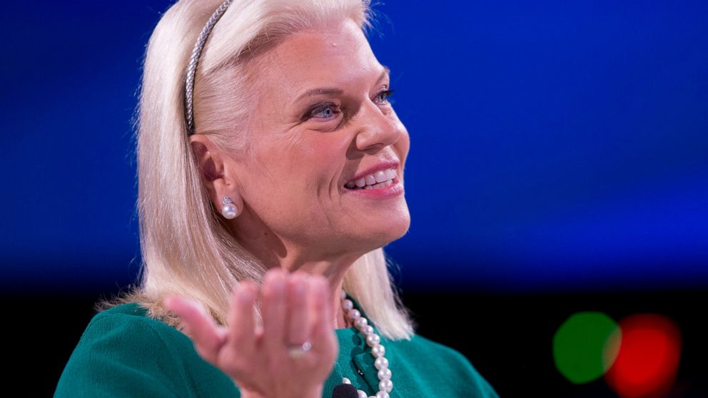 FILE - In this Wednesday, Sept. 26, 2018 file photo, Ginni Rometty, Chairman, President, and CEO of IBM, speaks at the Bloomberg Global Business Forum in New York. Ginni Rometty is stepping down after nearly 40 years with the computing giant and eigh