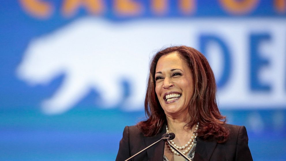 FILE - Then California State Attorney General Kamala Harris speaks to California Democrats at the California Democrats State Convention in Anaheim, Calif., on Saturday, May 16, 2015. Vice President Kamala Harris is returning to California to highligh