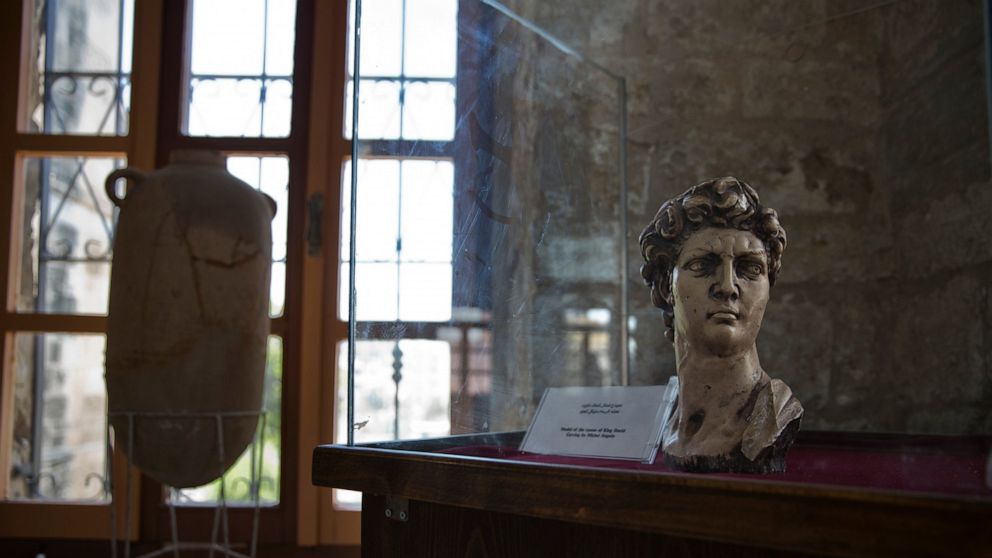 In this July 16, 2019 photo, an ancient bust of King David is displayed inside the historical Pasha Palace run by Gaza's Ministry of Tourism and Antiquities, in Gaza City. Gaza was a major trade route between Egypt and the Levant for thousands of yea