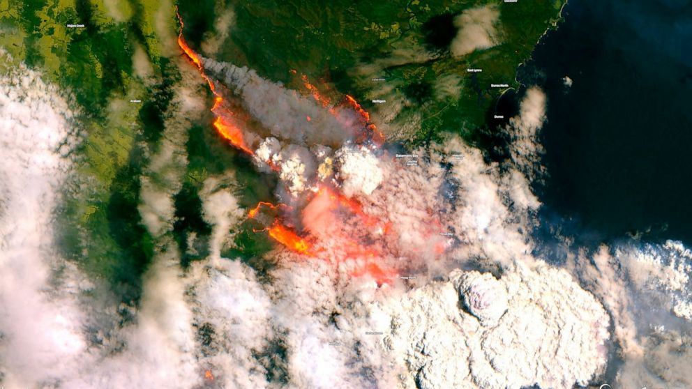 In this satellite image released by Copernicus Sentinel imagery, 2020 twitter page dated Dec. 31, 2019, shows wildfires burning across Australia. (Copernicus Sentinel Imagery via AP)