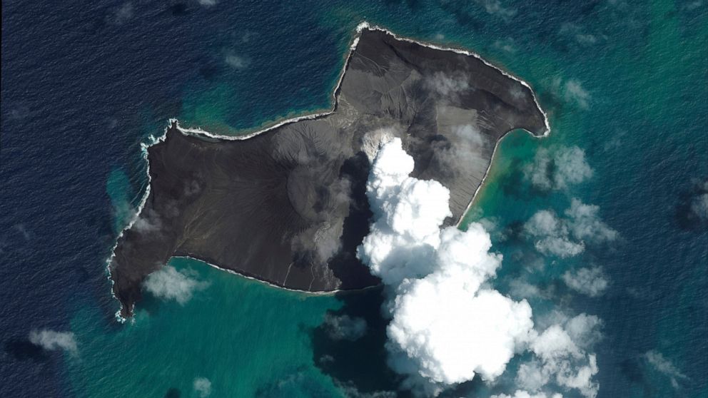 FILE - This satellite image provided by Maxar Technologies shows an overview of Hunga Tonga Hunga Ha'apai volcano in Tonga on Jan. 6, 2022, before a huge undersea volcanic eruption. (Satellite image ©2022 Maxar Technologies via AP, File)