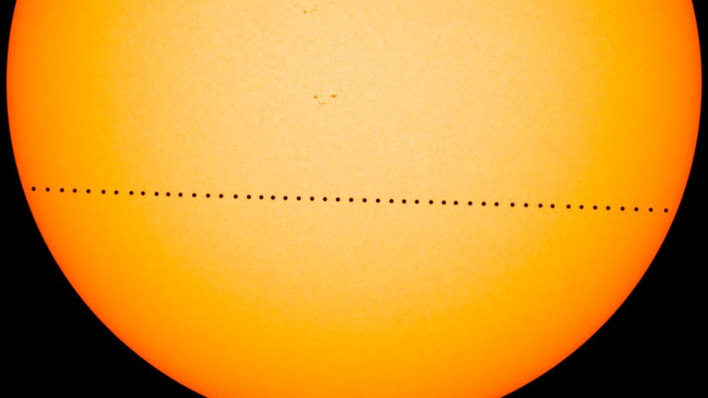 In this composite image provided by NASA, the planet Mercury passes directly between the sun and Earth on May 9, 2016 in a transit which lasted seven-and-a-half-hours. On Monday, Nov. 11, 2019, Mercury will make another transit, visible from the east