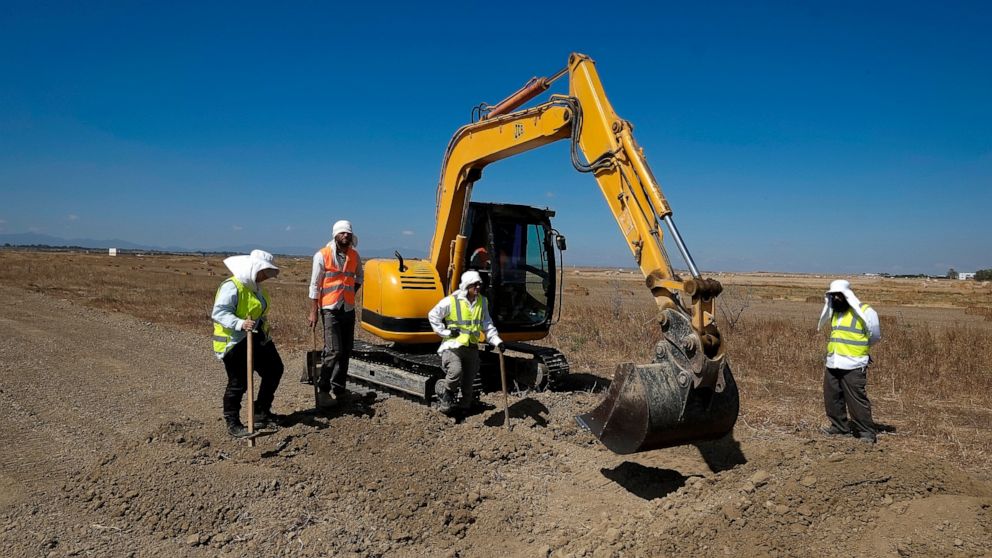 FILE - A bulldozer and workers of Cyprus Missing Persons of the two communities work together during an excavation in a field for missing persons in the Turkish breakaway northern part of divided capital Nicosia, Cyprus, May 31, 2017. U.S. academics 