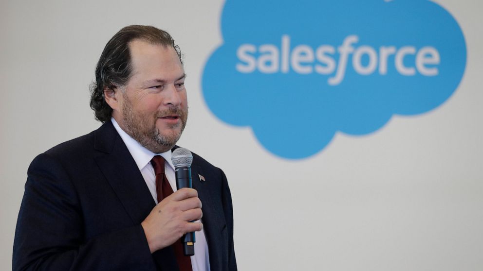 FILE - In this Thursday, May 16, 2019, file photo, Salesforce chairman Marc Benioff speaks during a news conference, in Indianapolis. Business-software company Salesforce says it will help employees leave Texas if they are worried about a new law tha