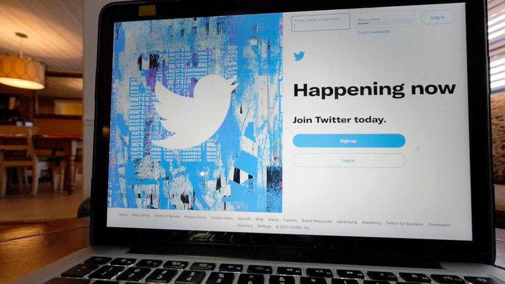The login/sign up screen for a Twitter account is seen on a laptop computer Tuesday, April 27, 2021, in Orlando, Fla. After its labels on election-related misinformation became a regular sighting in the weeks leading up to and following the 2020 U.S.