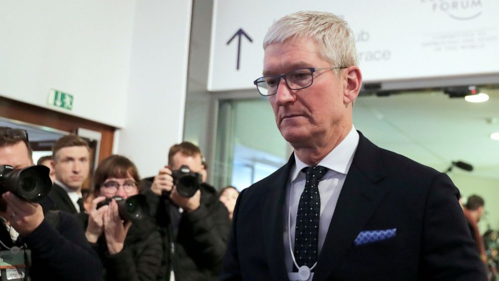 FILE - In this Tuesday, Jan. 21, 2020, file photo, Apple CEO Tim Cook is photographed at the World Economic Forum in Davos, Switzerland. Cook will take the witness stand Friday, May 21, 2021, to defend the company’s iPhone app store against charges t