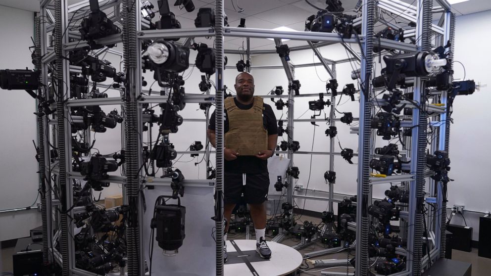 A man wears a bulletproof vest that is mapped in a photogrammetry room for the video game series Call of Duty on Friday, Oct. 21, 2022, at Activision Blizzard, Infinity Ward Division, in Woodland Hills, Calif. Call of Duty has been one of the best-se