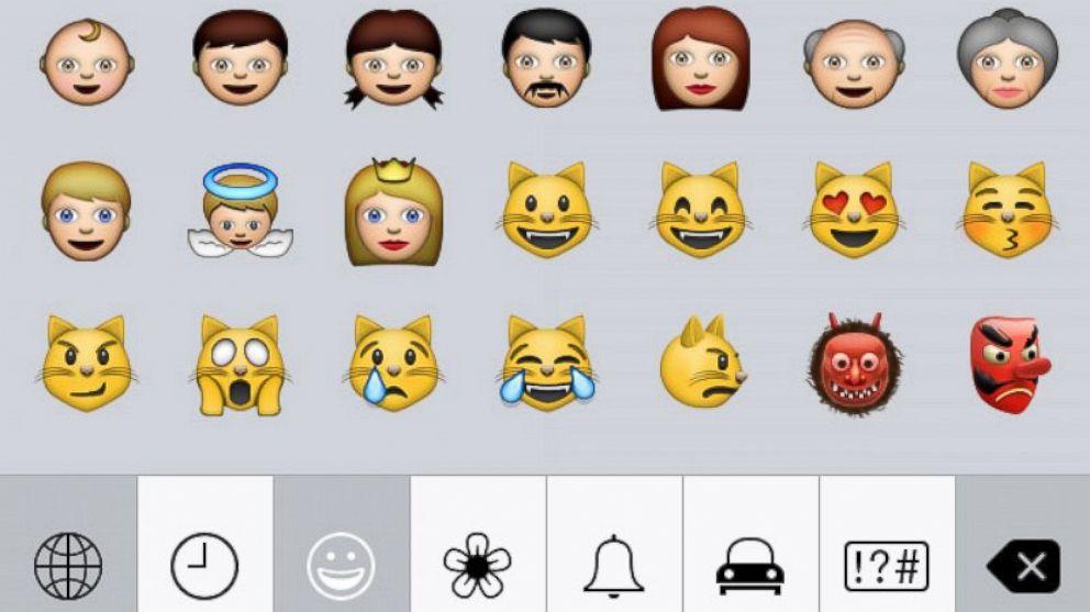 A screengrab from an iPhone made on July 8, 2014 shows part of the emoji character set.