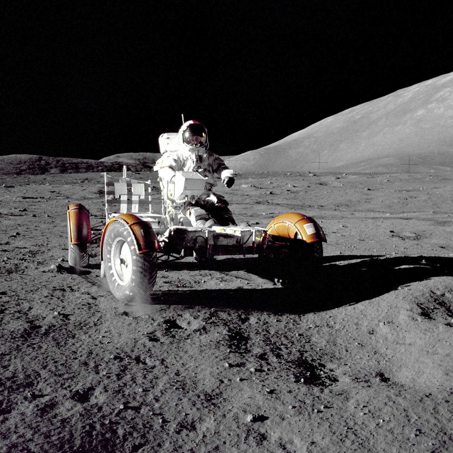 PHOTO: In this December 1972 photo provided by NASA, Apollo 17 commander Eugene Cernan makes a short checkout of the Lunar Roving Vehicle on the moon.
