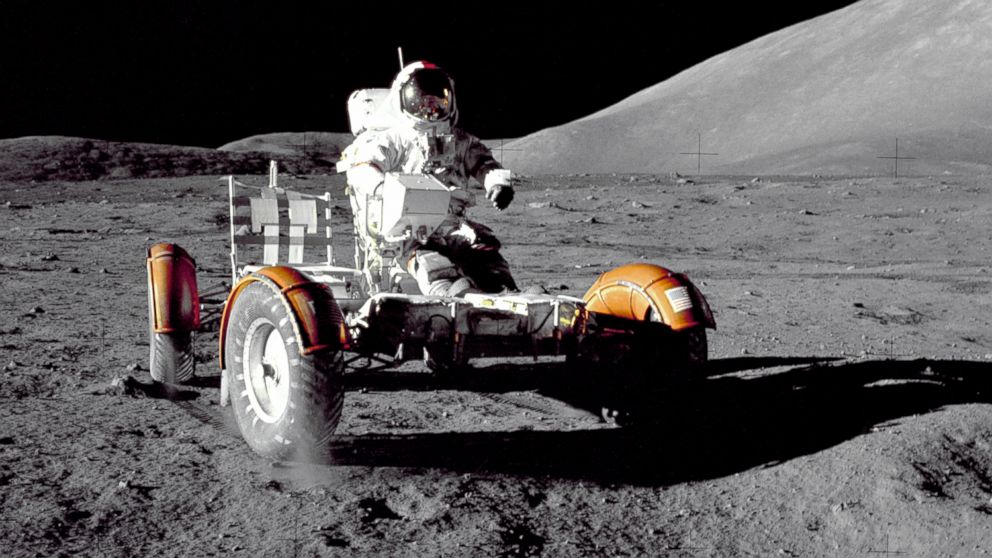 PHOTO: In this December 1972 photo provided by NASA, Apollo 17 commander Eugene Cernan makes a short checkout of the Lunar Roving Vehicle on the moon.