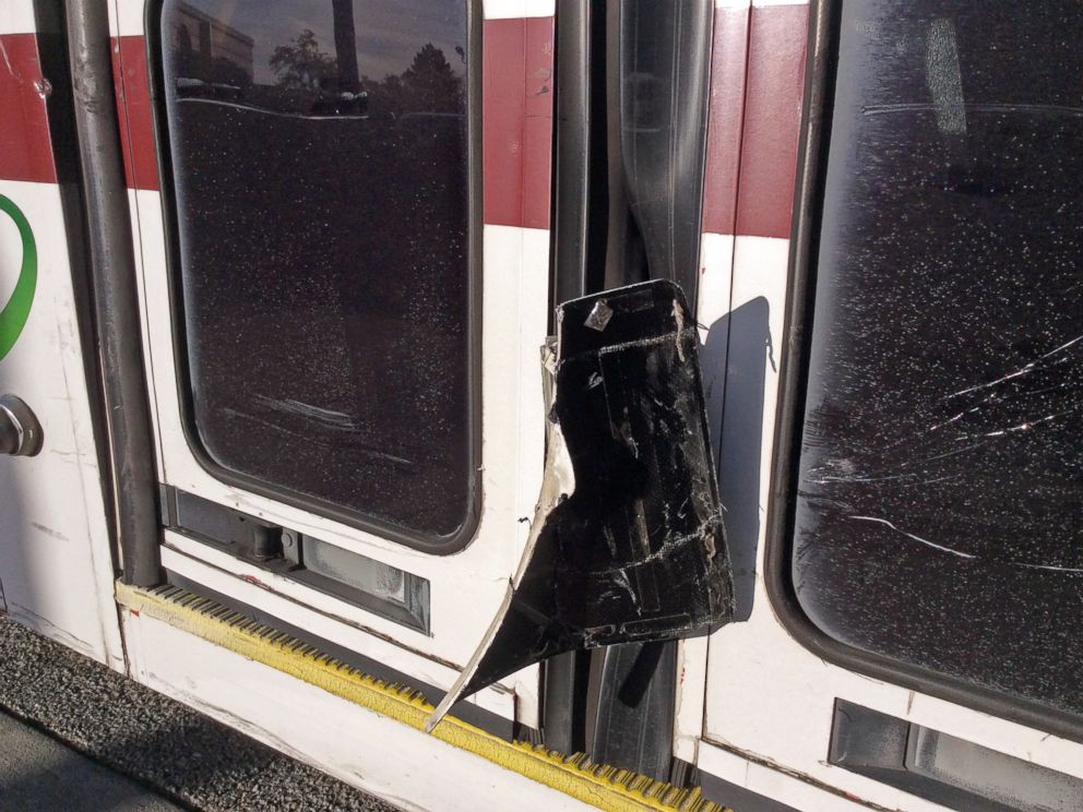 PHOTO: This Feb. 14, 2016, photo provided by the Santa Clara Valley Transportation Authority shows damage to a public bus after a self-driving Lexus SUV, operated by Google, collided with it in Mountain View, Calif.