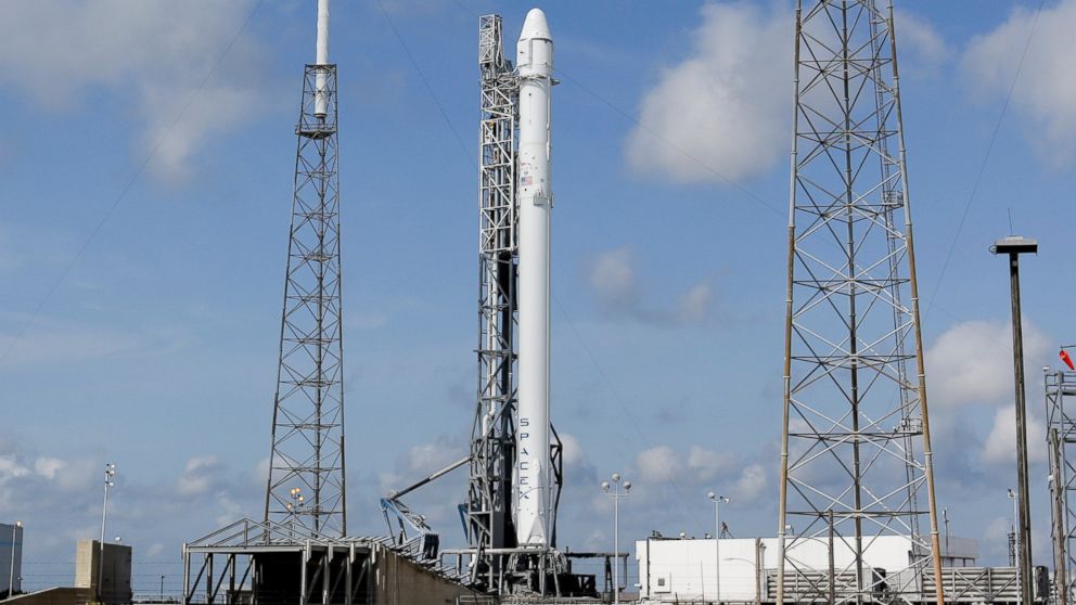 The Falcon 9 SpaceX rocket stands ready for launch at Complex 40 at the Cape Canaveral Air Force Station in Cape Canaveral, Fla., April 13, 2015. 