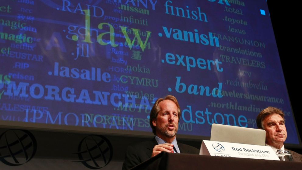 Internet Corporation for Assigned Names and Numbers (ICANN) President Rod Beckstrom, left, and Kurt Pritz, Senior Vice President speak on expanding the number of domain name suffixes during a press conference in London on June 13, 2012. 