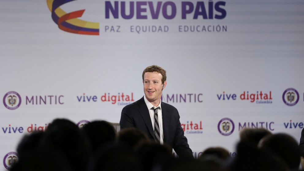 PHOTO: Facebook founder and CEO Mark Zuckerberg looks out towards the audience at an event to launch in Colombia an app providing free basic Internet service via cellphone connections, in Bogota, Colombia, Jan. 14, 2015. 