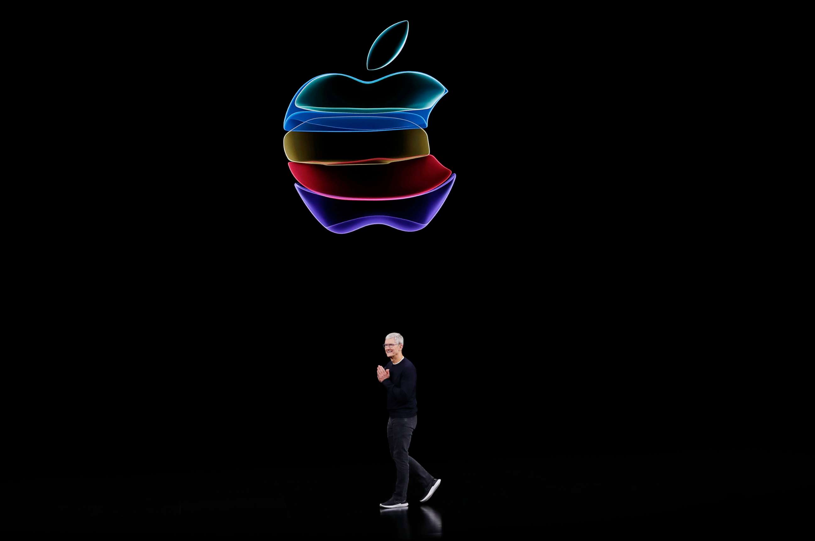 PHOTO: CEO Tim Cook speaks at an Apple event at their headquarters in Cupertino, Calif., Sept. 10, 2019.