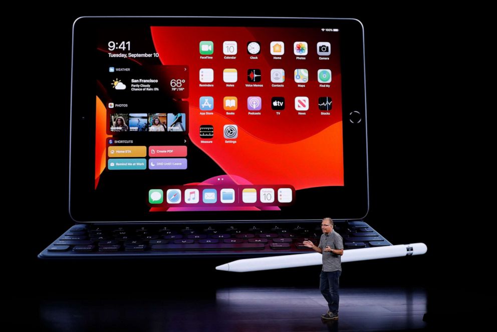 PHOTO: Greg Joswiak, Apple's vice president of Product Marketing, speaks in front of an iPad at an Apple event at their headquarters in Cupertino, Calif., Sept. 10, 2019.