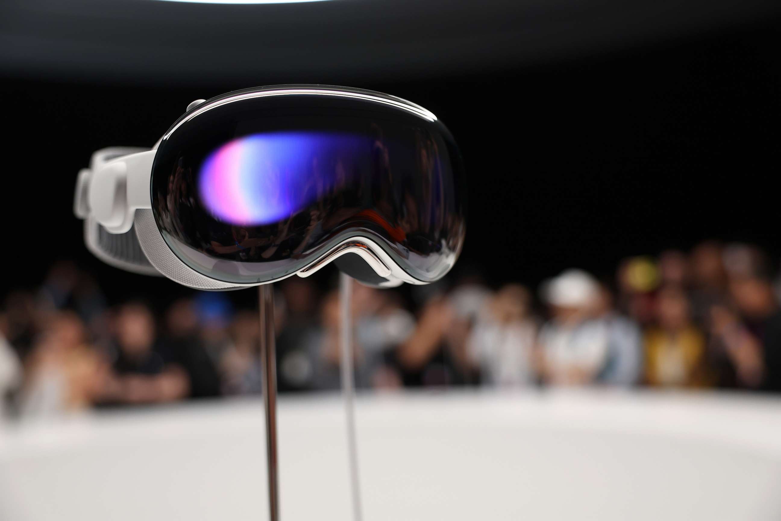 PHOTO: The new Apple Vision Pro headset is displayed during the Apple Worldwide Developers Conference on June 5, 2023 in Cupertino, Calif.