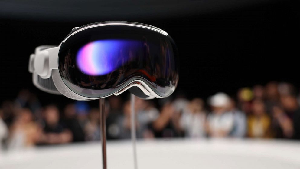 PHOTO: The new Apple Vision Pro headset is displayed during the Apple Worldwide Developers Conference on June 5, 2023 in Cupertino, Calif.