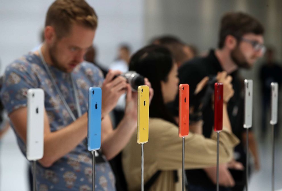 PHOTO: The new Apple iPhone XR is displayed during an Apple special event at the Steve Jobs Theatre on Sept. 12, 2018 in Cupertino, Calif.