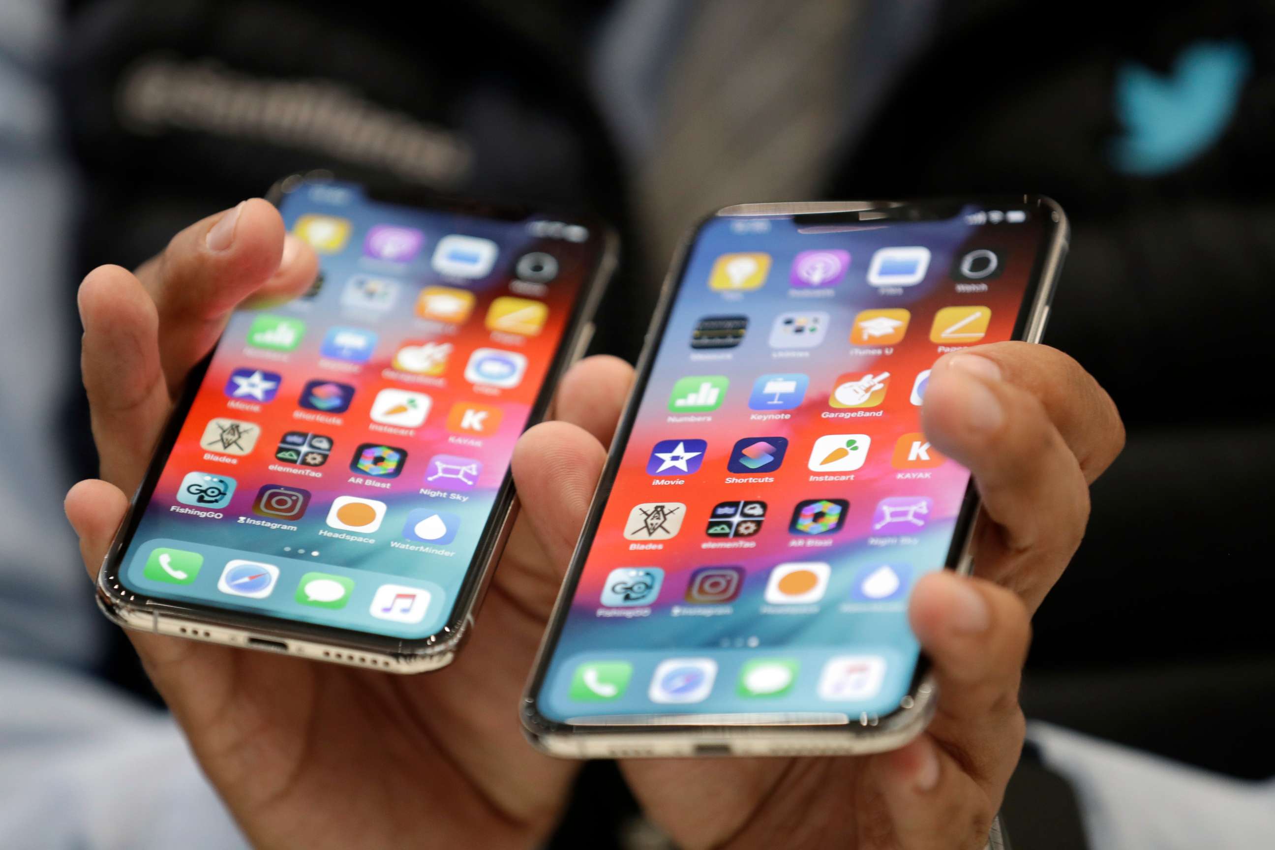PHOTO: The iPhone XS, left, and XS Max are displayed side to side during an event to announce new products at Apple headquarters, Sept. 12, 2018, in Cupertino, Calif.